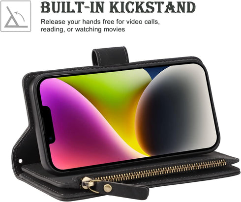 RANYOK Wallet Case for iPhone 12/12 Pro - Premium PU Leather Zipper Flip Folio Wallet with RFID Blocking and Kickstand
