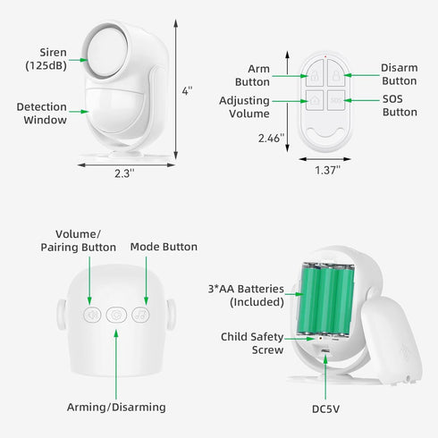 luckydeer 125dB 328ft (40ft 3*AA Loud Motion Sensor Alarm with Remote Control PIR Detector, Batteries), Indoor Wireless