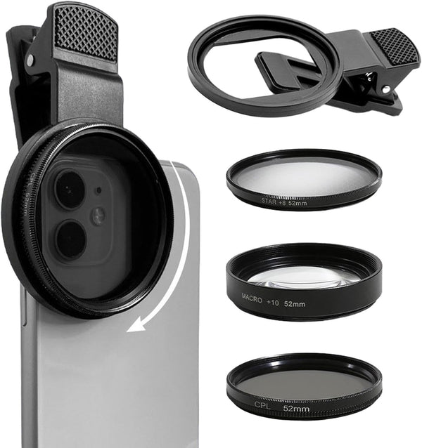 52mm Clip-on Phone Camera Lens Filter, 3 in 1 Lens Filter Kit, CPL Lens + Macro Lens + Star Lens for Smartphones