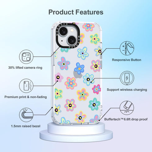 MOSNOVO iPhone 15 Case - Clear TPU Bumper, Retro Groovy Flower, Shockproof, 6.6 ft Drop Impact, Anti Peel Off Tech, 6.1"