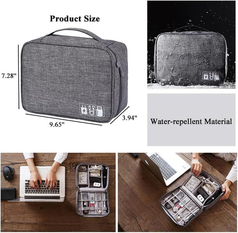Water-repellent Cable Organizer Travel Case, Electronic Accessory Bag with Removable Dividers (Grey)