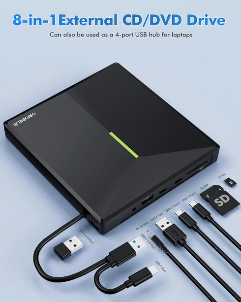 External CD DVD Drive with 4 USB Ports, 2 TF/SD Card Slots, USB 3.0 Portable Player Burner Reader for Laptop Mac PC