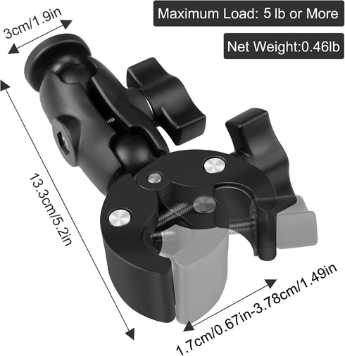 Super Camera Clamp Mount Double Socket Arm with 1/4"-20 Ball Head for GoPro, DSLR, LED Lights