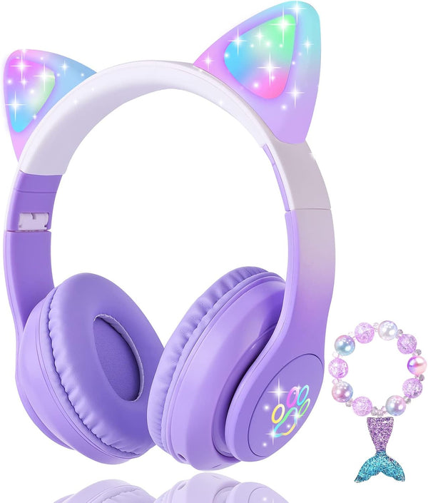 Cat Ear Kids Headphones, Bluetooth LED Light Up Over Ear Headphones, Wireless/Wired Mode with Built-in Microphone for