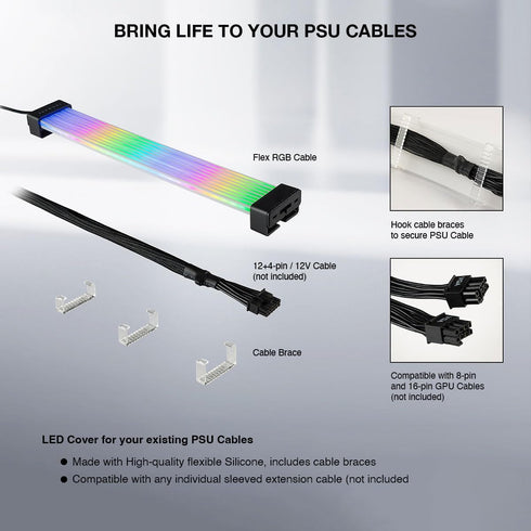 TECWARE Flex RGB PSU Extension Cable Cover Kit, Light Up LED Strip Set for GPU and Motherboard PC Cables