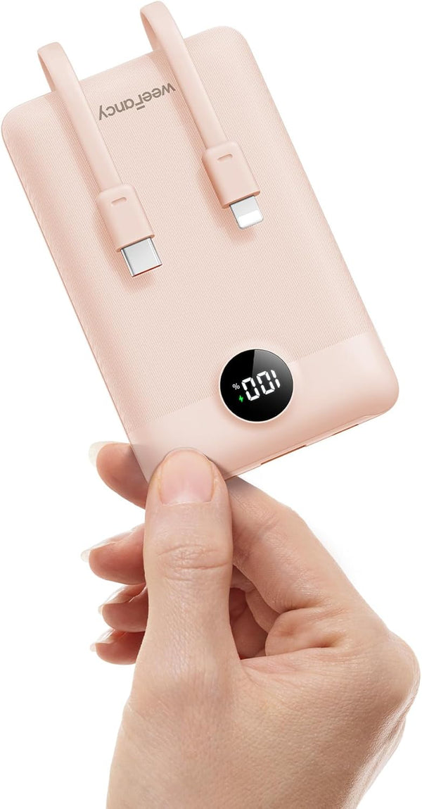 Mini Portable Charger 10000mAh with Built-in Cables, 22.5W Fast Charging Power Bank USB-C, Slim Battery Pack for