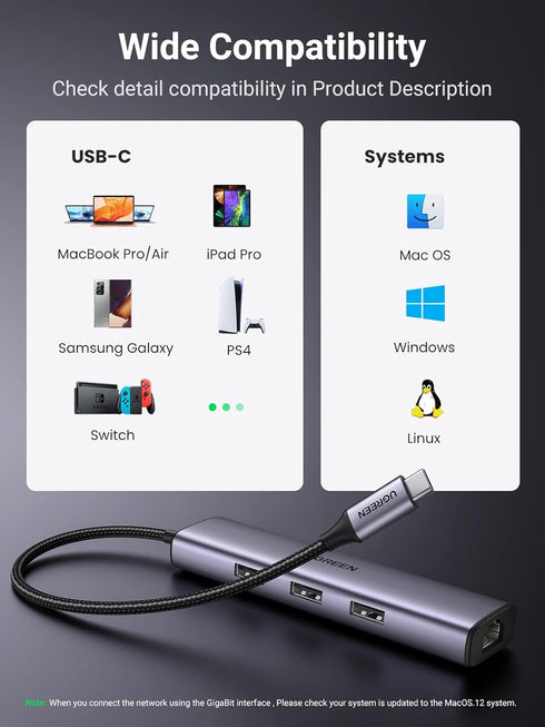 UGREEN 4 in 1 USB C to Ethernet Adapter Hub with 3 USB 3.0 Ports, Gigabit RJ45, Thunderbolt (3/4) for MacBook Pro/Air,