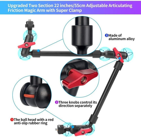 Super Camera Clamp Mount with Adjustable Magic Arm 22in, Articulating Arm with Dual Ball Head Adapter 1/4" Thread for