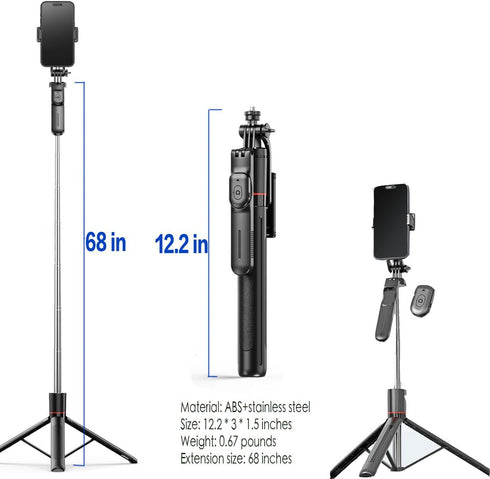 Tengsun 67" 360Rotation Phone Tripod & Selfie Stick Travel Tripod for iPhone Selfies, with Phone Holder Extendable