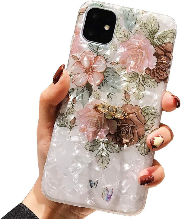 Qokey Compatible iPhone 11 Case, Floral Clear Flower Design with 360 Rotating Ring Stand, Brown Flower