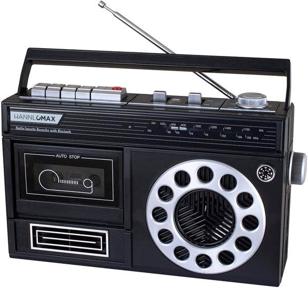 HANNLOMAX HX-601K Portable Bluetooth AM/FM Radio Cassette Recorder, Records from Built-in Mic or Radio, AC/DC (Black)
