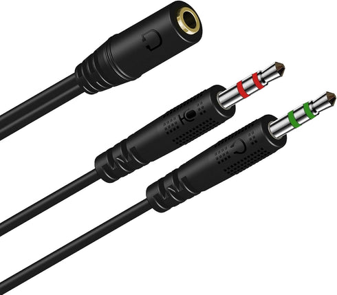 3.5mm Headphone Splitter Cable: 1 Female to 2 Male for Aux, Mics, Earbuds, Gaming Headset, PC, Laptop, Tablet - Black
