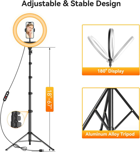 TODI 12" Dimmable LED Ring Light with 63" Tripod Stand, Phone Holder, Remote for Makeup/Live Stream/Photography