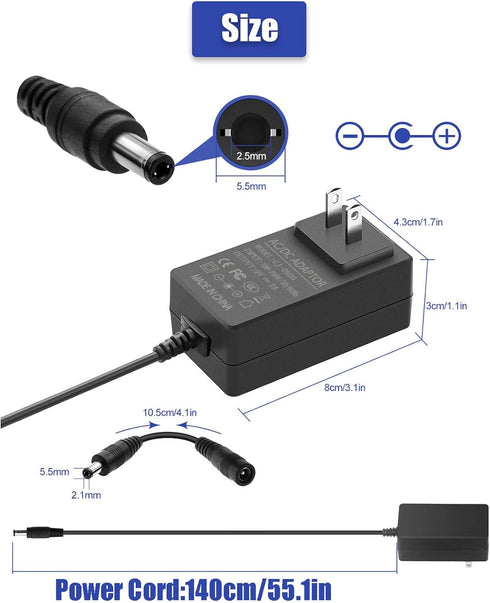 Gilivier 9V 2A 100-240V 9 2000mA 1500mA 1000mA 800mA 500mA 18W 5.5x2.5mm/2.1mm DC Power Supply AC Adapter with Polarity