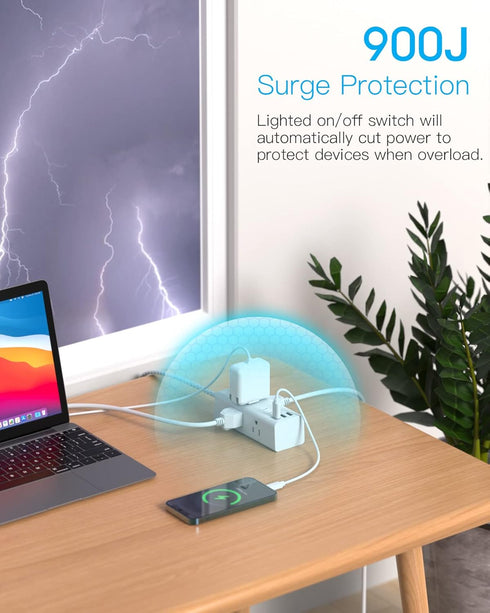 Power Strip Surge Protector, 6 Widely Outlets with 3 USB Ports (1 USB C), 5 Ft Extension Cord Flat Plug for Home Office