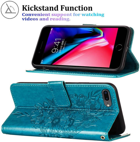 iPhone 7/8 Plus Wallet Case, Butterfly Floral Embossed, Card Holder Slots, Stand Leather Protective Flip Cover (Blue)