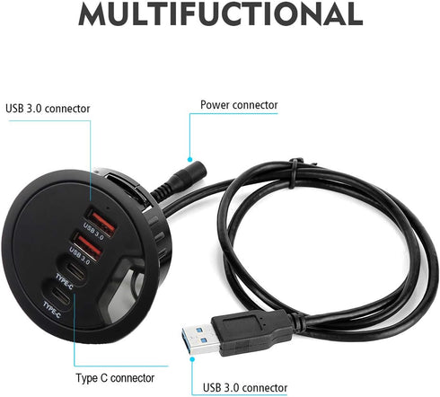 Grommet Desk-Fit USB 3.0 Hub, 2 Port Type A & 2 Port Type C, Compatible Charging and Data Transmission