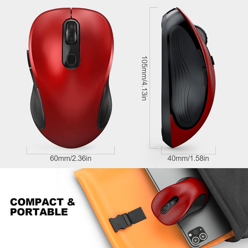 WisFox 2.4G Wireless Mouse for Laptop, Ergonomic Computer Mouse with USB Receiver and Type-C Adapter, Red