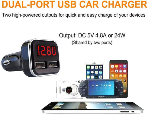 4.8A 24W Dual USB Car Charger with Volt Meter - Car Battery Monitor with LED Voltage & Amps Display in Red LED,