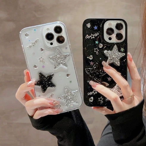 iPhone 15 Plus Case, Clear Bling Stars 3D Hearts Diamond Twinkle Star Glitter Soft TPU for Women Girls Teens