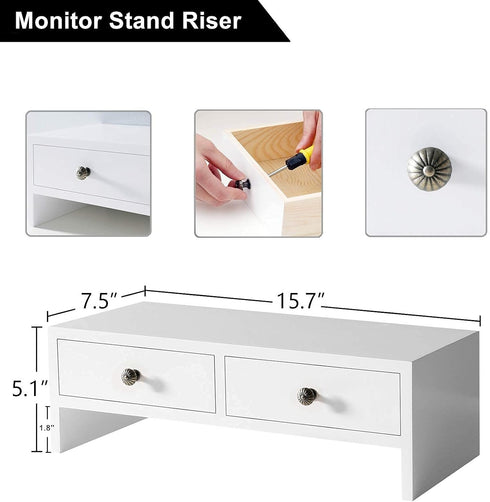 WELLAND Monitor Stand Riser with Drawers, Desktop Organizer for Laptop, PC, Office Supplies, White