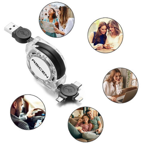 3.3ft Retractable Multi Charger Cable 2-Pack, 3-in-1 Fast Charging Cord for iPhone, iPad, Samsung, PS, Tablets & More