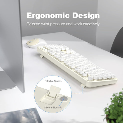 Wireless Keyboard and Mouse Combo, 104 Keys Full-Sized Typewriter Keyboard, 2.4 GHz USB Receiver, Cremy White
