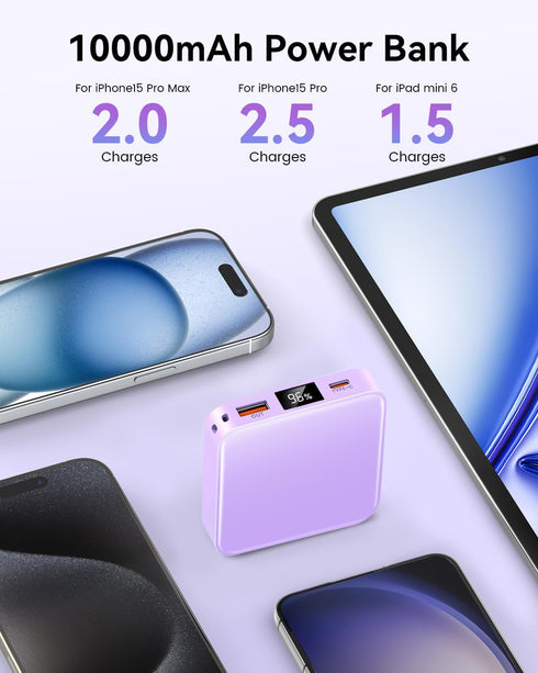 10000mAh Mini Power Bank - Portable Charger with USB C Input/Output, Smart LED Display, 30W Fast Charging for iPhone,
