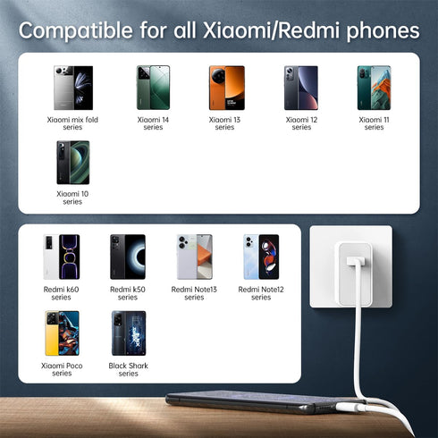 67W Xiaomi Charger Turbo Fast Wall Block for Xiaomi Mi 14 13 12 12t 12s 10 Pro Lite, 5ft Hypercharge Type C Cable