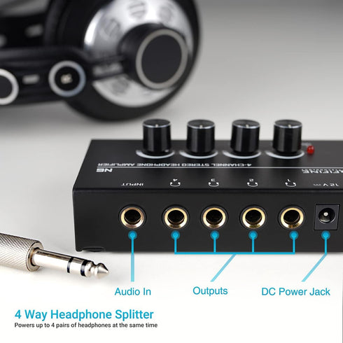 Fifine 4 Channels Metal Stereo Audio Amplifier, Mini Headphone Splitter with Power Adapter, 4x Quarter Inch Balanced