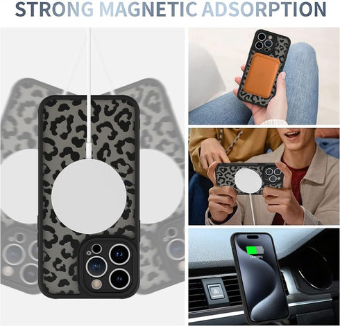 AIGOMARA iPhone 15 Pro Case - Black Leopard Pattern, MagSafe Compatible, Soft TPU Bumper, Hard PC Back, Shockproof Slim