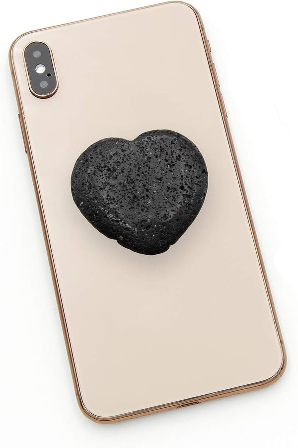 Black Lava Stone Heart Phone Grip - Essential Oil Diffuser Collapsible Holder for Smartphone and Tablet