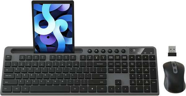 MARVO Wireless Keyboard and Mouse Combo, 2.4G Ergonomic Computer Keyboard with Phone Tablet Holder, Silent Mouse (Grey)