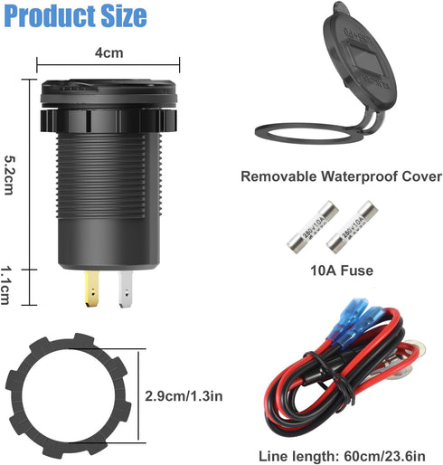 12 Volt USB Outlet Dual Quick Charge 3.0 Port, Waterproof 12V Power Outlet Cigarette Lighter Replacement DIY Kit