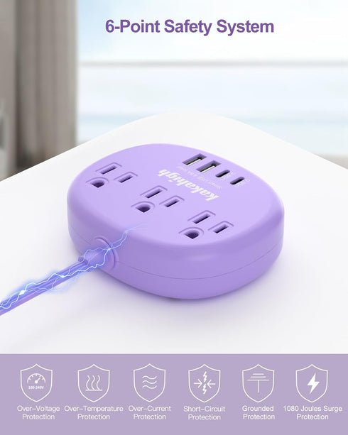 kakahigh 5 1625W 3 4 (24W/4.8A), Purple Extension Cord with USB C - FT Flat Power Strip, Cute Extension Cord with AC