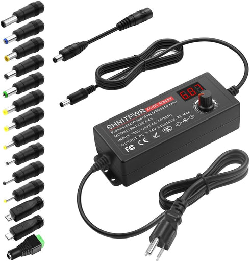 SHNITPWR Universal AC to DC Adapter, 3V ~ 24V 2A 48W Switching Power Supply with 14 Tips & Polarity Converter