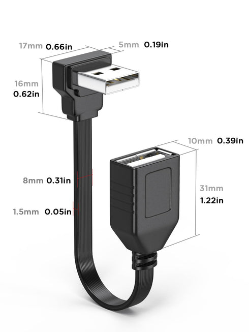 2PCS 90 Degree USB2.0 Extension Cable Flat Right Angle USB Male to Female Adapter Short Soft USB Cable 8inch