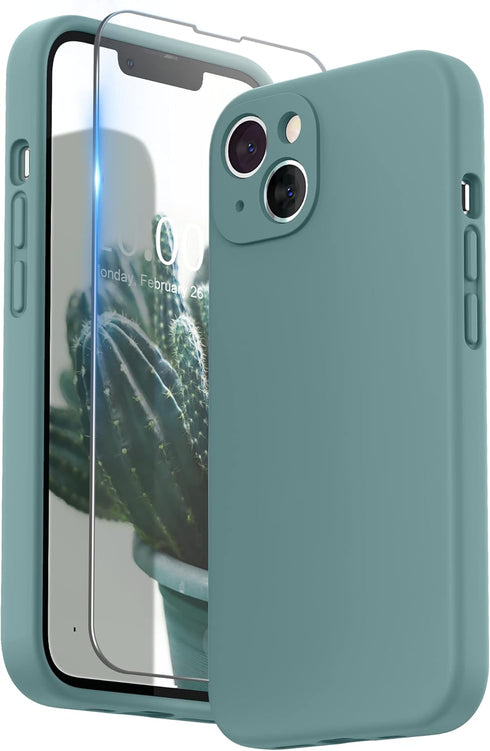 SURPHY Compatible with iPhone 13 Case, Liquid Silicone Phone Case with Screen Protector, Cactus Green 6.1 inch 2021
