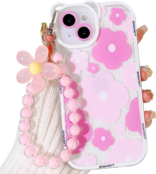 Clear Pink Floral Bear Camera Lens Case for iPhone 12, with Lovely Flower Bracelet Chain