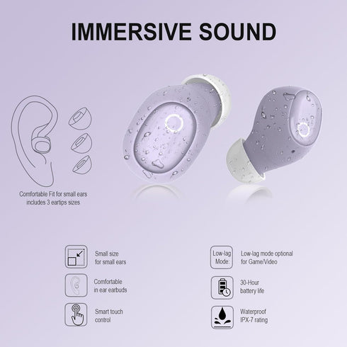Wireless Earbuds for Small Ears, Purple Bluetooth Earbuds for Mini Ear Canals, Compatible with iPhone and Android