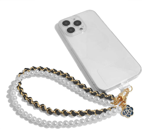 Phone Charm Anti-Lost Wrist Strap - Pearl Beaded Double Chains Hand Wrist Phone Straps for Keychain Wallet Camera