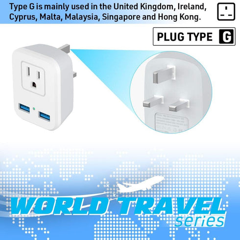 Type G UK Power Plug Adapter, Travel Adapter for US to British AC Outlets with 2 USB Charging Ports