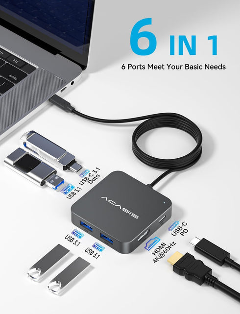 ACASIS 4FT 10Gbps, 4K 60Hz 100W 3 A3.1+1 3.1 USB C Hub Long Cable Multiport Adapter with HDMI, Power Delivery, USB