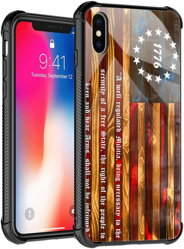 TnXee Betsy Ross 13 Star Wooden American Flag Case for iPhone Xs - Unique 1776 Design, Perfect Gift for Men & Women.