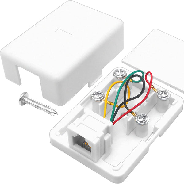 Phone Jack Surface Mount Box, Single Port Telephone Jack with 4 Screw Terminals to 1 RJ11 6P4C Female, White