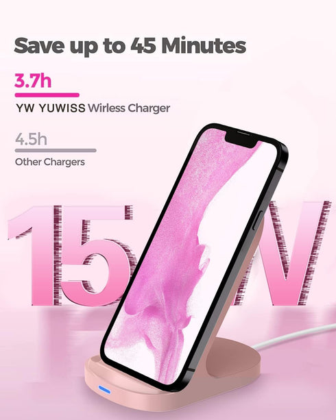 YW YUWISS 15W Fast Wireless Charger Wireless Phone Charger Stand Compatible with Apple iPhone 14 13 12/12 Pro Max/ 11Pro/11Pro Max, Compatible with Samsung Galaxy S22 S21 S20 (Rose Gold)
