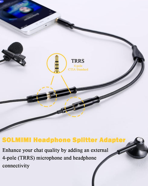 3.5mm Audio Splitter (2 Pack) - Matte Black, 4 Pole TRRS, One Male to Two Female for PC, Xbox, PS4, Smartphones (1ft)
