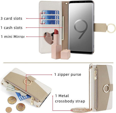 Asuwish Phone Case for Samsung Galaxy S9 Plus Wallet Cover with Screen Protector and Mirror Flip Cover Ring Credit Card Holder Crossbody Strap Stand Cell S9+ 9S 9+ S 9 9plus S9plus Women Girls White