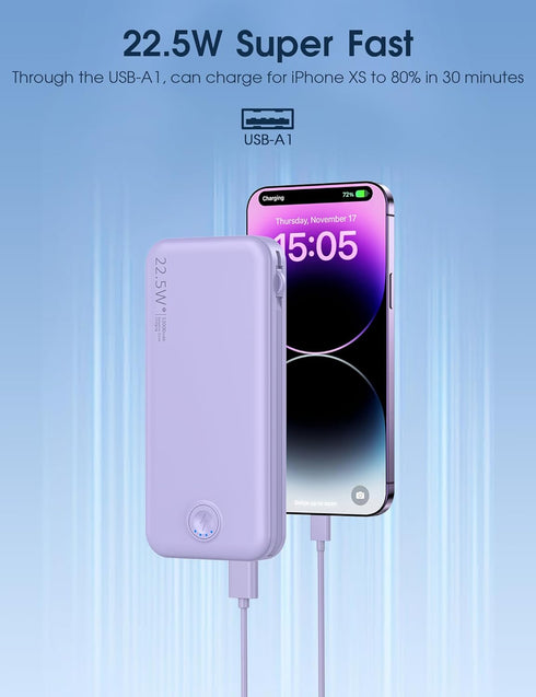 Portable Charger 12000mAh with Built-in Cable and AC Wall Plug, 22.5W Super Fast Charging for iPhone, Samsung, Tablets