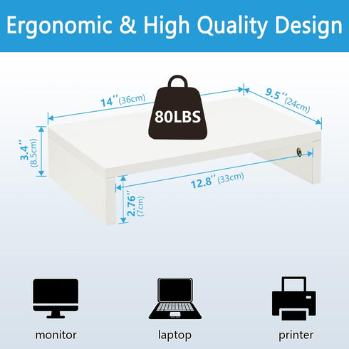 14.2 inch (White-14.2 inch) TEAMIX White Monitor Stand Riser, Wood Monitor Riser with Storage for Desk Small Monitor